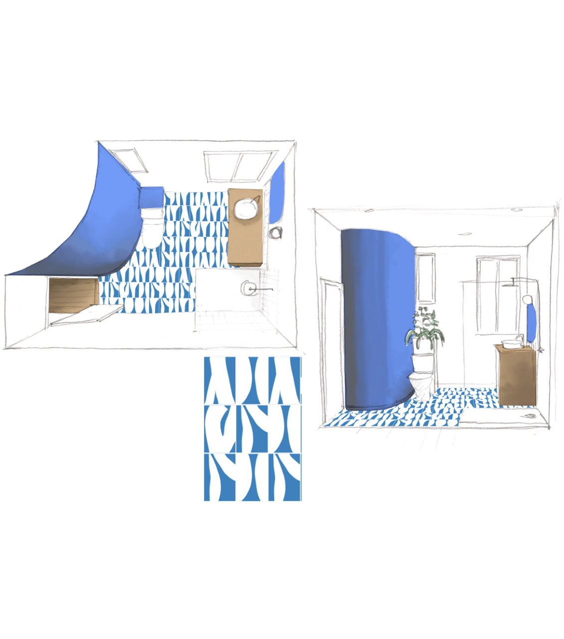 Dessin 3D couleur de pré-visualisation de la salle de bain du projet de la rue du Mont Cenis Paris 18 afin d'aider le client dans le choix du calpinage des carreaux de ciment Popham Design.
