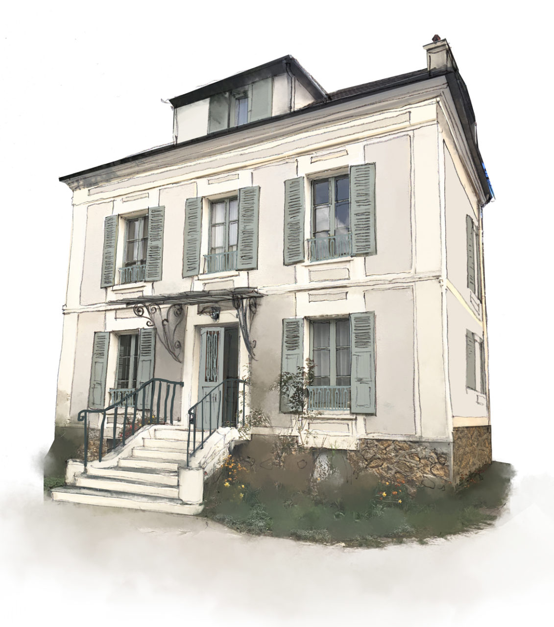 Vue en 3D couleur de la façade de la maison du Vésinet afin d'accompagner le client dans le choix des teintes huisseries, volets, marquise et teintes de la façade.