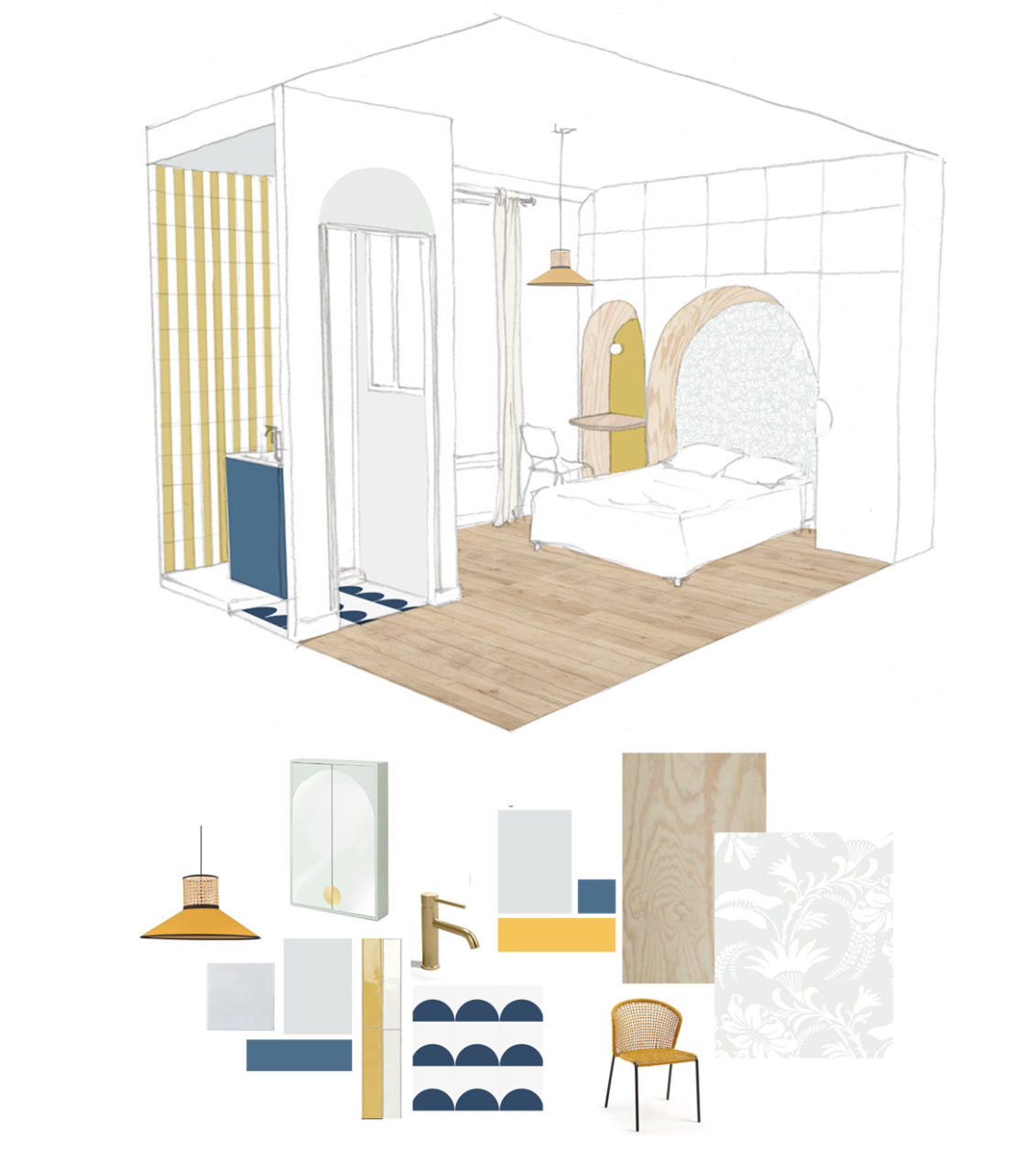 Vue en 3D d'une des chambres et sa salle de bain du projet en cours de co-living à Villejuif avec ses alcôves courbes pour le lit et le bureau ainsi que les propositions matériaux et mobiliers.