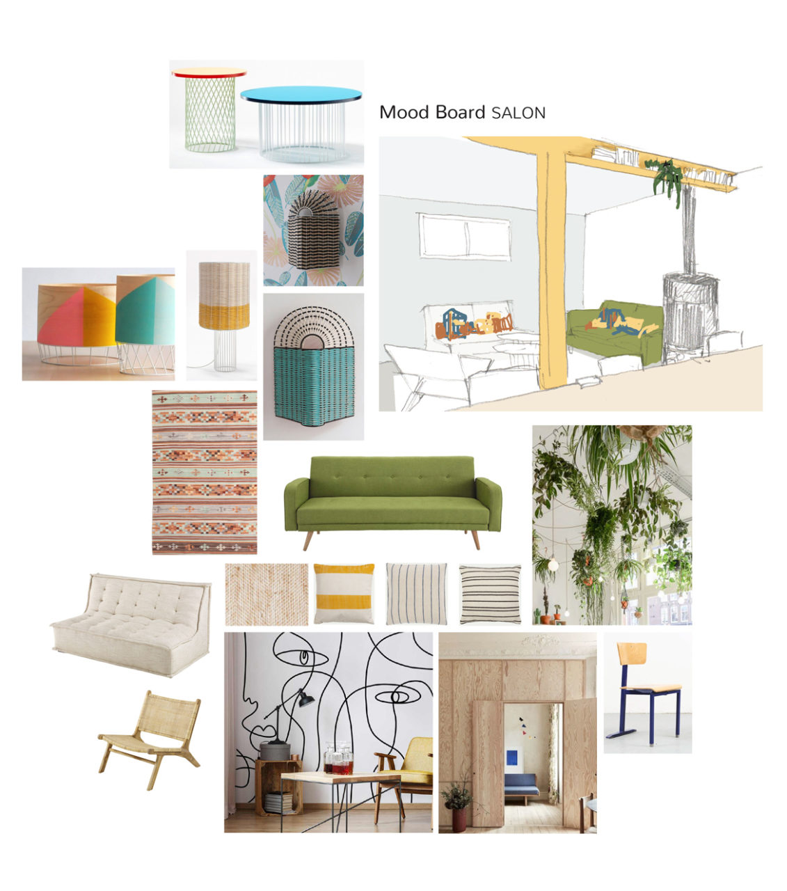 Mood Board et mobiliers du projet en cours de co-living Villejuif, ses teintes gaies et vives sur fond de parois bois et la pré-visualisation de l'espace salon.