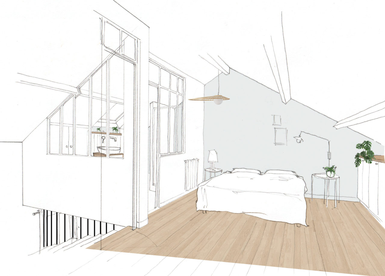 Dessin 3D de pré-visualisation de la chambre d'amis sous combles et la création de sa salle de bain attenante fermée par une cloison verrière permettant à la lumière de cheminer vers l'escalier et la chambre pour le projet Champigny-sur-Marne.