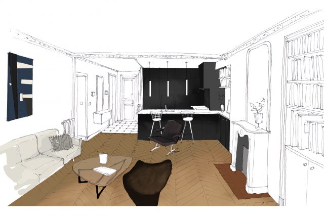 Dessin 3D de pré-visualisation de la cuisine ouverte noire et blanche sur le salon pour le projet de la rue des Martyrs Paris 9ème.