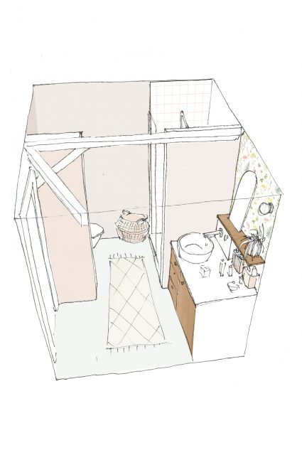 Dessin 3D de pré-visualisation de la salle de bain rose, blanche et chêne clair dynamisée par l'ajout d'un papier peint fleuri gai en crédence pour le projet d'architecture intérieure Ribera Paris 16